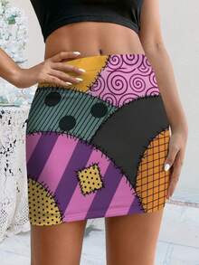 Women Summer Bodycon Skirt Nightmare Before Christmas Sally Inspired Patchwork Print Dress Halloween Costume Tee Spooky Season Apparel Quirky Fashion Top Comfortable Cotton Blend Adult Sizes Mini Skirt - Nhiều màu - Xem 1