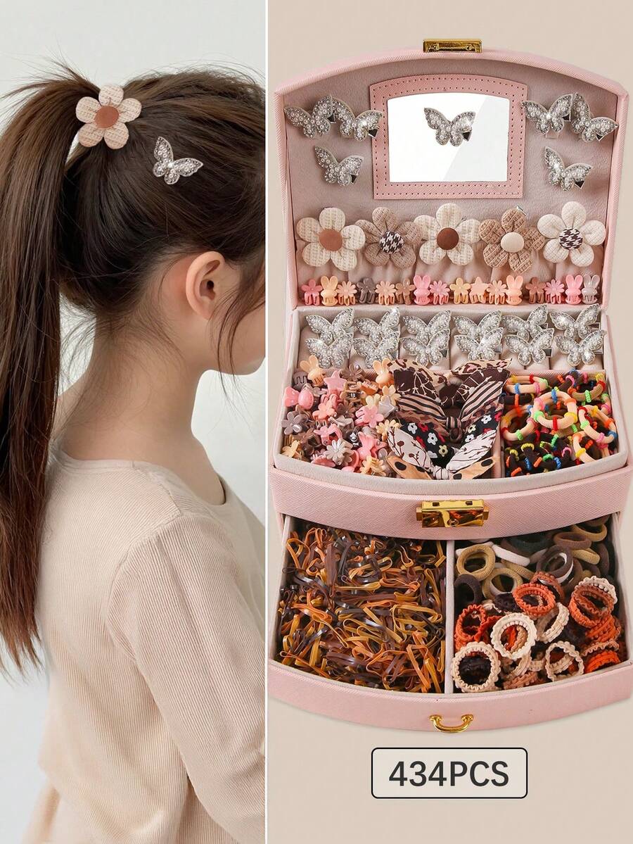 434pcs Girls' Khaki Fabric Flower, Rabbit Ear, Butterfly Cute Princess Hair Scrunchies, High Elasticity Durable Non-Damaging Hair Ties, Hair Clips With Rhinestone Butterfly, Suitable For Daily Use - Multicolor - View 1