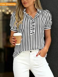 Puff Sleeve Striped Ruffle Blouse V Neck Button Front Summer Top Chic Casual Work Office Outfit For Women - Black - View 5