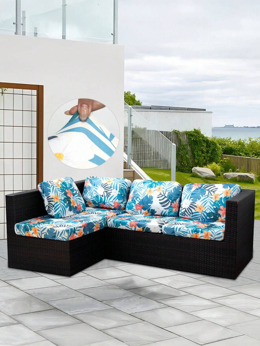 1件装树叶印花户外沙发套，涤纶弹性可拆卸半包式沙发座垫套，适用于庭院、露台、花园沙发垫