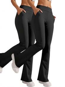 2-Pack Women's High Waist Solid Black Gray Red Flared Leggings With Side Pockets, Buttery Soft Yoga Pants For Fitness, Gym Training, Hiking, Lounge, Everyday Casual Wear Activewear - 2PCS(Black) - 查看 1