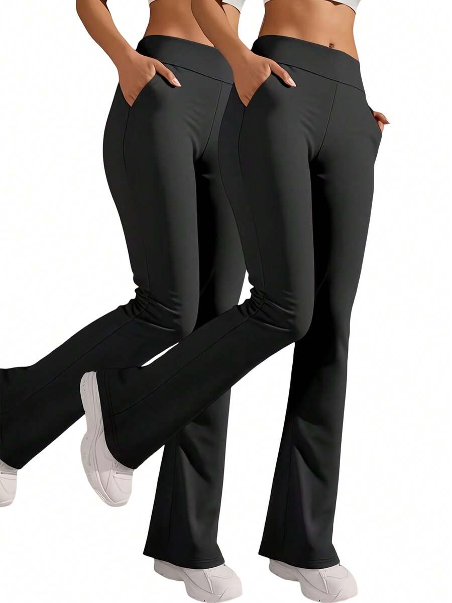 2-Pack Women's High Waist Solid Black Gray Red Flared Leggings With Side Pockets, Buttery Soft Yoga Pants For Fitness, Gym Training, Hiking, Lounge, Everyday Casual Wear Activewear - 2PCS(Black) - 查看 1