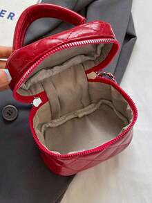 New Fashion Classic Multifunctional Waterproof PU Material, Diamond Quilted Pattern Handbag, Lightweight And Easy To Carry, Zipper Closure Design, Heart-Shaped Zipper Decor Crossbody Round Box Bag, Coin Purse, Suitable For Shopping, Travel, Commuting - 紅色 - 查看 6