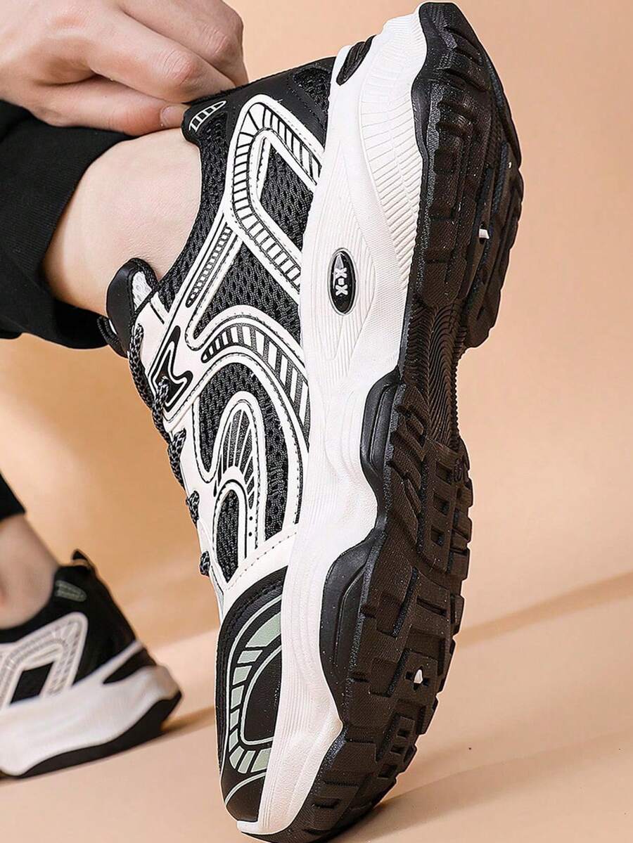 男士圆头系带厚底休闲舒适运动鞋，学生款 - 黑色 - 查看 1