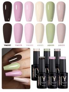 YOKEFELLOW 10毫升春日裸粉色绿色凝胶指甲油，粉色美甲高光泽持久美甲凝胶指甲油可卸UV LED美甲沙龙DIY家用女士女孩 - 彩色 - 查看 1