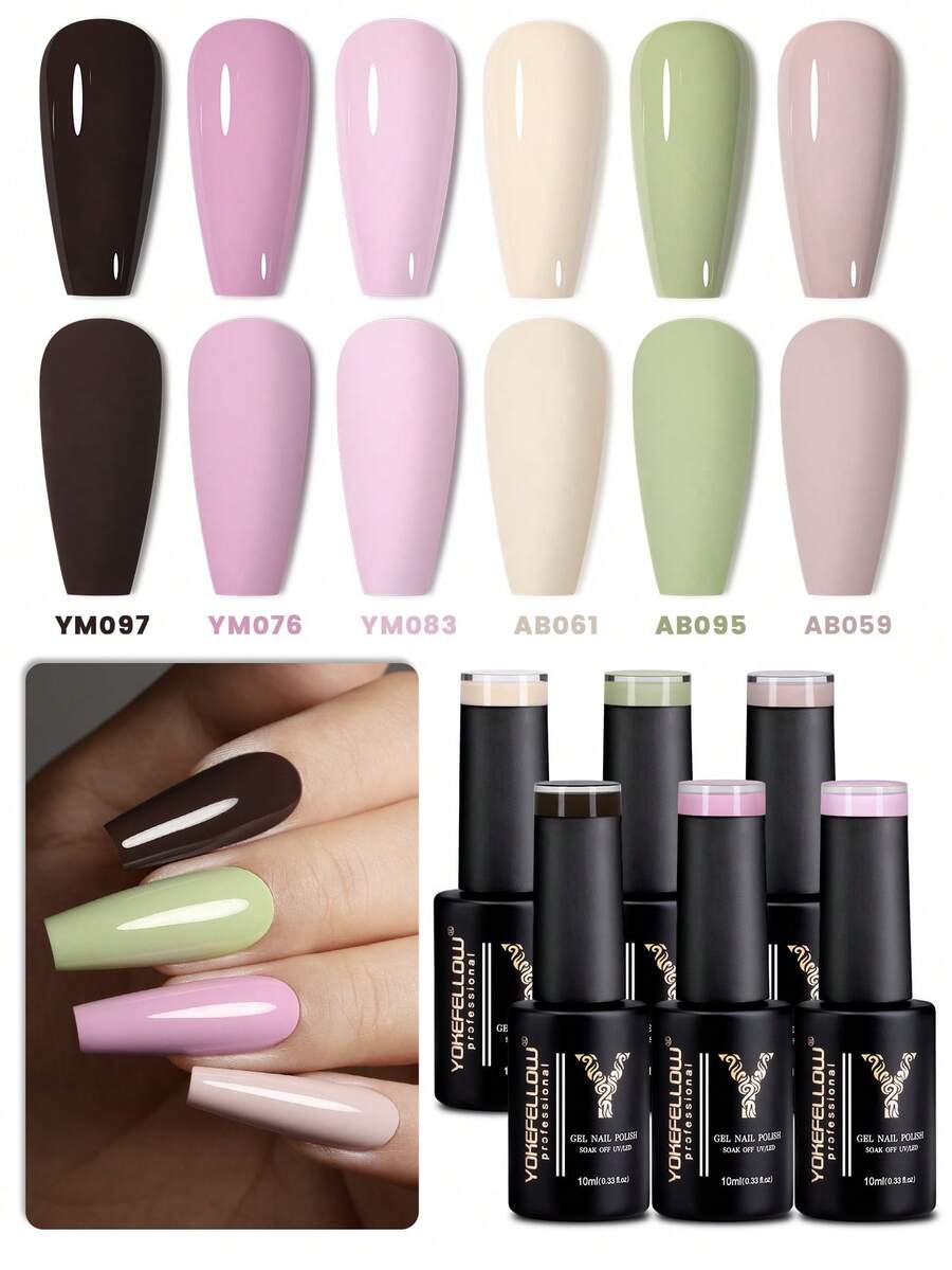 YOKEFELLOW 10毫升春日裸粉色绿色凝胶指甲油，粉色美甲高光泽持久美甲凝胶指甲油可卸UV LED美甲沙龙DIY家用女士女孩 - 彩色 - 查看 1