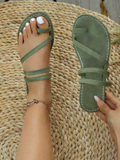 New Summer Casual Vacation Style Women Shoes, Open Toe Solid Color Strap With Elastic Back, Fashionable Outdoor Ladies Flat Sandals