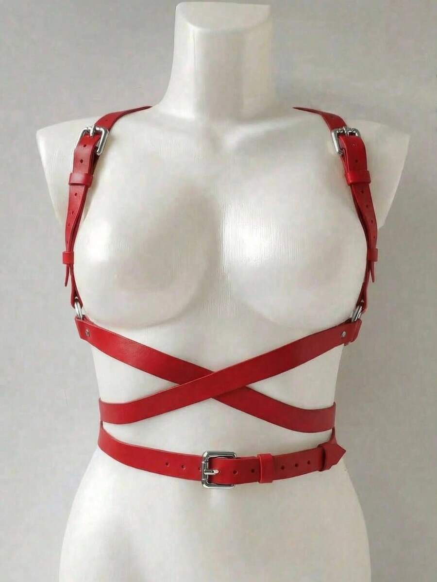 1pc Women's Elegant PU Leather Chest & Waist Harness Belt, Suitable For Streetwear, Commuting, Festivals, Parties, Halloween, Christmas Outfit Accessory - Red - View 1