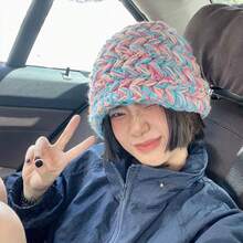 Colorful Handmade Color Block Ruffled Hand-Knitted Hat For Women, Autumn And Winter Warm Striped Fisherman Hat, Face-Slimming Bucket Hat Suitable For Women In Autumn - 水藍條紋 - 查看 6
