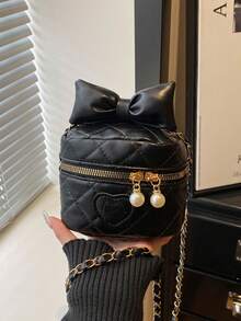 New Bowknot Embroidered Diamond-Pattern Boxy Chain Shoulder Crossbody Small Square Girl's Bag With Lipstick Texture - Black - View 7