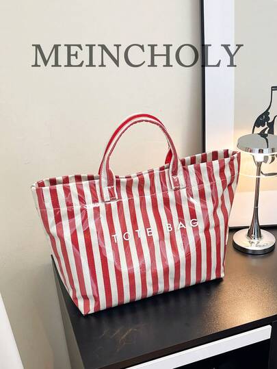 春季新款条纹撞色度假风大容量女士手提包