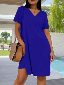 Women's Short Sleeved V-Neck Set, Solid Color Elastic Short Sleeved T-Shirt And Split Shorts 2-Piece Set, Suitable For Jogging, Yoga, Gym, Shopping - Blue - View 3