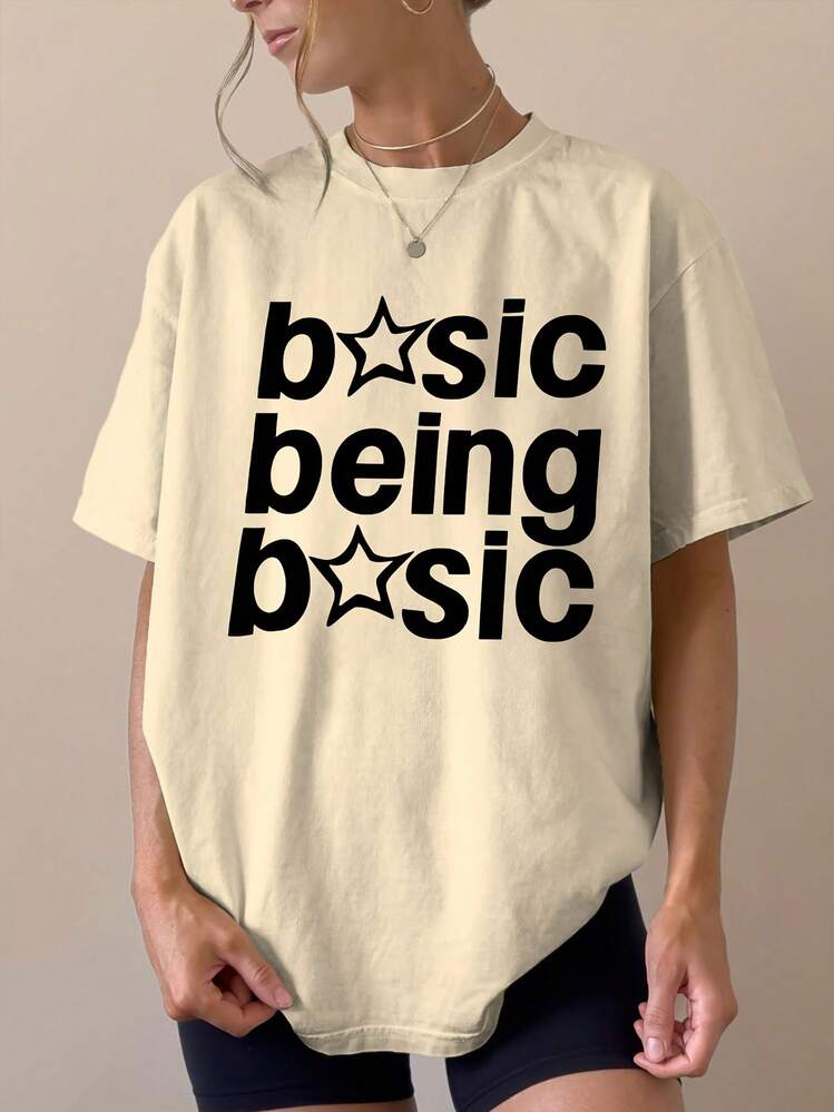 Basic Style Charm! Simple Uncomplicated Printed T-Shirt, Basis Being Basic DJO Concert, A Casual Summer Must-Have Piece For Daily Commuting, Casual Outings And Vacation Wear! Plus Size Women's Pure Cotton Crew Neck Printed T-Shirt - Màu be - Xem 1