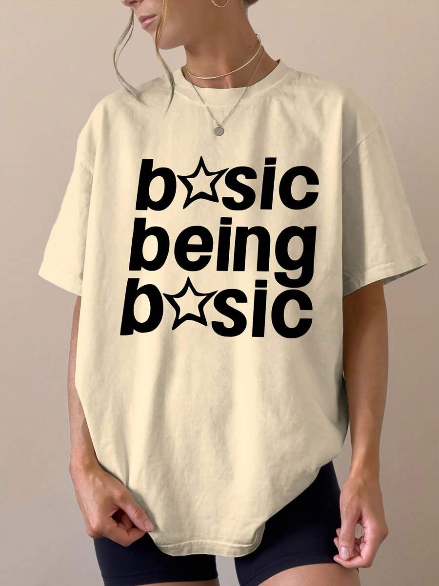 Basic Style Charm! Simple Uncomplicated Printed T-Shirt, Basis Being Basic DJO Concert, A Casual Summer Must-Have Piece For Daily Commuting, Casual Outings And Vacation Wear! Plus Size Women's Pure Cotton Crew Neck Printed T-Shirt - 杏色 - 查看 1