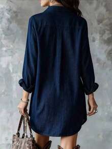 Women's Navy Blue Long Sleeve Polyester Button-Up Shirt, Collared, Front Short Back Long Design With Pockets Spring - Royal Blue - View 6