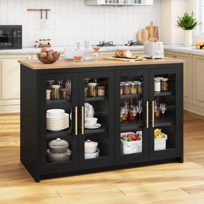 Yitahome Kitchen Island With Power Outlet And LED Lights, Breakfast Bar Table With Seating Space, Double Cabinets With Acrylic Doors, Three Layer Adjustable Cabinet, 130 * 60 * 88.5cm, Marble Effect