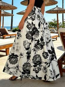 印花休闲优雅梭织面料抽绳腰带沙滩度假中长裙，春夏款 - 白色 - 查看 2