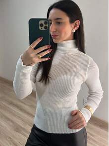 Women's Ribbed Knit Blouse Turtleneck Long Sleeve Elegant Simple Polyester Knitted Home Beach Daily - 白色 - 查看 3