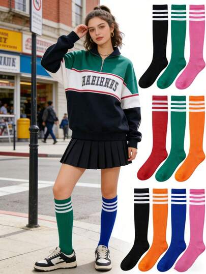 5双装女士条纹过膝袜，薄款运动高筒袜，适合足球、篮球、啦啦队、轮滑、队服及日常穿着