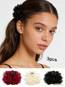 1个/3个纯色及花卉波西米亚风优雅复古玫瑰涤纶发夹，适合日常、派对和假日佩戴，四季皆宜，可作发饰、学生用品、秋季大学配饰、夏季海滩度假必备，女士发箍、发冠、发饰 - 黑色 - 查看 14