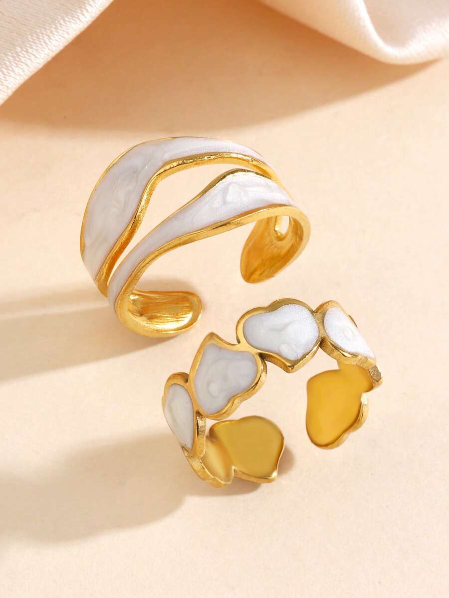 两枚18K镀金不锈钢白色珐琅心形戒指套装，约会和节日礼物的理想之选 - 彩色 - 查看 1