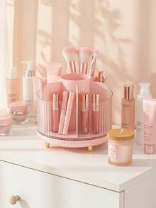 1 pieza Soporte giratorio dividido para brochas de maquillaje color rosa, estilo moderno Ins, transparente y visible, dividido, multifuncional, con base gruesa, suave, antideslizante y estable, redondo y lindo, organizador de escritorio centrado minimalista, plegable y de uso diario - Multicolor - Ver 3