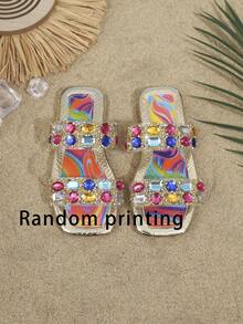 Kids Fashion Slippers, New Square Toe Rhinestone Design Shiny Girls Summer Beach Slippers - Multicolor - View 4