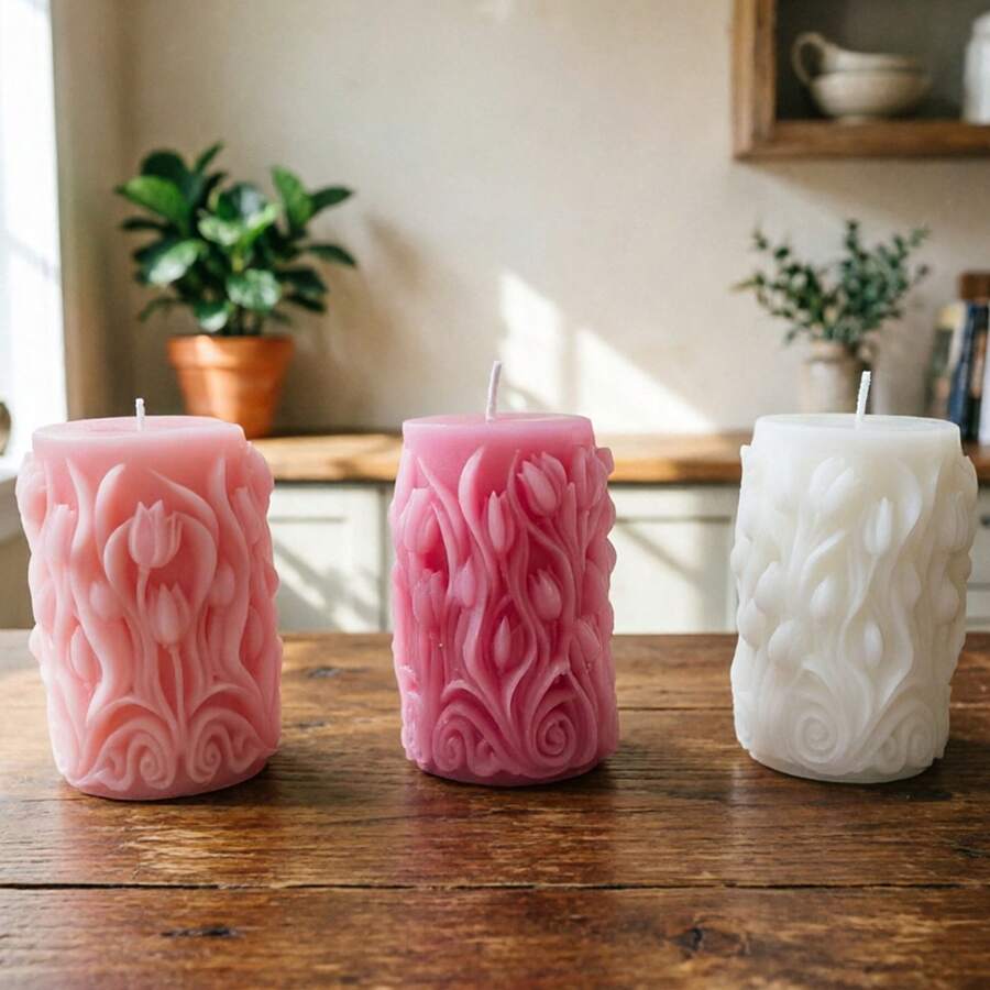 1 pièce Grande bougie parfumée en forme de pilier de fleur de tulipe, décoration d'ornement pour la maison - 1PC - Voir 1