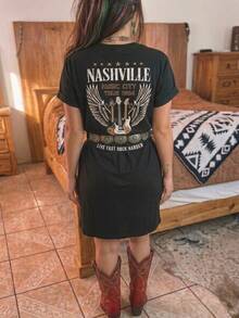 Plus Size Women's Nashville Guitar Wing Retro Print Dress, Rock Band & Country Music Concert Outfit For Spring Summer Outdoor Travel - 黑色 - 查看 2