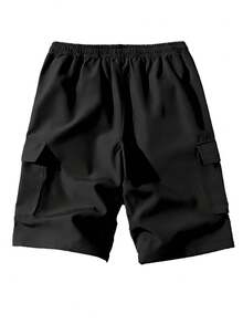 男士夏季休闲街头纯色多口袋工装短裤 - 黑色 - 查看 3