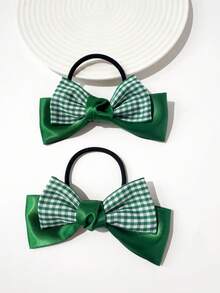 2pcs Fashionable Versatile Delicate Princess Style Hair Accessories/Hair Ties, Double-Layer Glossy Bow Design Hair Ties, Essential For Daily Hairstyles And Braiding - Green - View 2