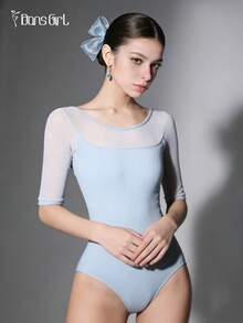 DonsGirl Women's Ballet Leotard - Elastic Mesh Splice 3/4 Sleeve, Modern/Classical Dance Unitard, Professional Performance Costume Spring - Dusty Blue - View 4