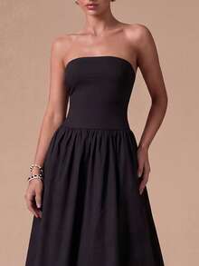 女士优雅黑色无肩带A字连衣裙，简约优雅度假连衣裙，适合海滩度假、海边漫步、休闲外出、花园派对、毕业典礼、夏季穿搭 - 黑色 - 查看 4