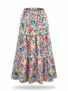 女士休闲碎花抽绳腰半身裙，夏季度假 - 彩色 - 查看 6