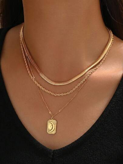 3 Stücke/Set Allround-Kette mit dickem Schlangenmuster, Twist-Kette, quadratischer Mond-Anhänger Halskette, minimalistischer Casual Halskette geeignet für den täglichen Gebrauch und Partys