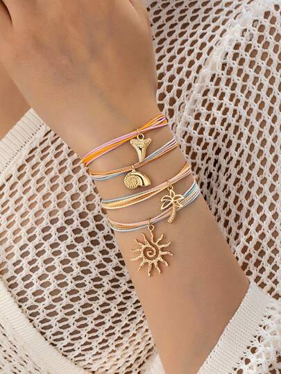 1 Pc Summer Beach Bracelet For Women - Hand Woven Wax Rope Bracelets With Sun Charm - Bohemian Style Beachy Jewelry For Vacation