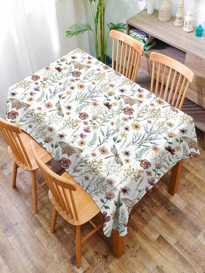 1pc Nature-Inspired Floral, Butterfly & Dragonfly Pattern Tablecloth, Square Printed Waterproof Tablecloth Suitable For Family Gatherings, Picnics, Kitchen And Dining Room Table Decor, Coffee Table Cover, Durable Tablecloth Mat, Suitable For All Seasons