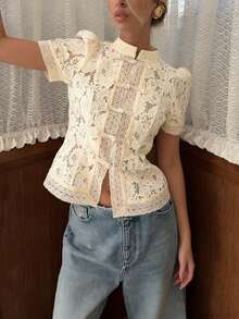 Women Lace Shirt Y2k Long Sleeve Shirt Button-Down Slim Fit Elegant Fall Sheer Tops Clubwear - 杏色 - 查看 4