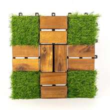 10 Pack Interlocking Acacia Wood And Artificial Grass Deck Tiles, 12"X12", 0.94" Thick, Outdoor Patio Flooring For Garden, Balcony, Entryway, Landscape Edging - Natural - View 10