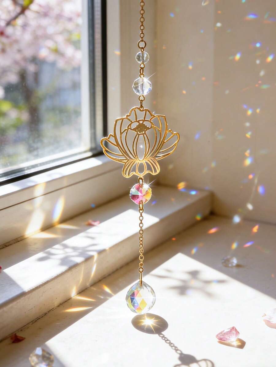 1件装花朵造型水晶吊坠，牡丹花造型，彩虹造型，窗户装饰，唯美房间装饰，波西米亚风家居装饰，禅意瑜伽工作室装饰，神秘饰品，魔法彩虹棱镜墙饰，花园装饰