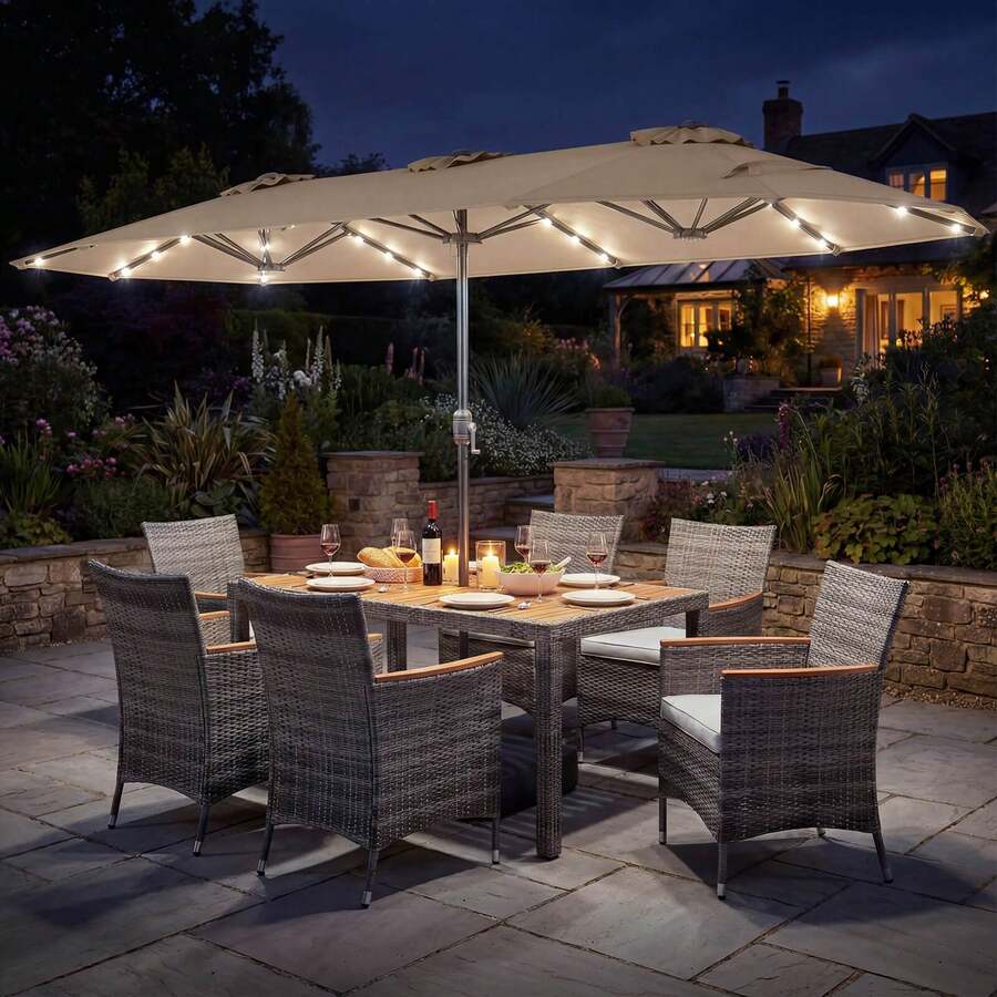 8 PCS Outdoor Wicker Dining Furniture & Double-Sided Umbrella With Solar LED Lights - Màu be - Xem 1