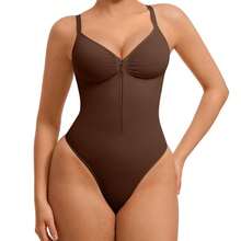 1 Pc Women'S Sexy High Stretch V-Neck Spaghetti Strap Shapewear Bodysuit, Zipper Front Waist Training Slimming Bodysuit - 膚色 - 查看 3