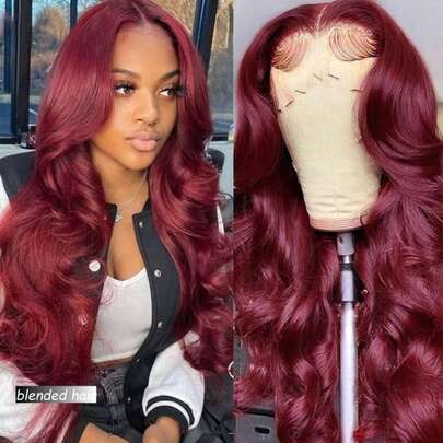 13x4 Body Wave Lace Front Wigs Human Blended Hair Pre Plucked HD Transparent Lace Frontal Wig With Baby Hair 180% Density Glueless Brazilian Virgin Human Blended Hair Lace Front Wigs For Women 99J Burgundy 22Inch
