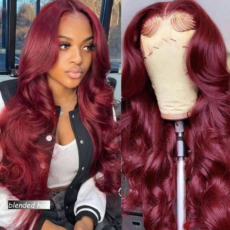 13x4 波浪卷蕾丝前假发，真人混纺发丝，预先拔毛，高清透明蕾丝前假发，带婴儿发，180% 密度，无胶巴西原生真人混纺发丝蕾丝前假发，女士款，99J 酒红色，22 英寸 - S99J/BUG - 查看 1
