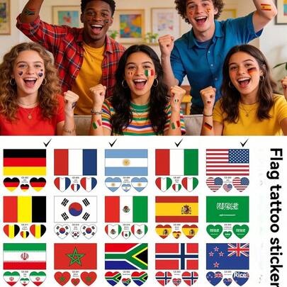 Bộ 10 miếng dán hình xăm tạm thời in hình cờ các quốc gia tham dự World Cup 2026, phù hợp với Brazil, Argentina, Pháp, Anh, Bồ Đào Nha, Tây Ban Nha. Chống thấm nước và mồ hôi, dễ sử dụng và dễ lau chùi.