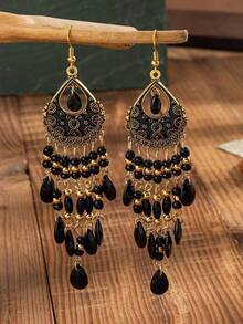 1 Đôi bông tai tua rua phong cách Bohemian cổ điển, thiết kế độc đáo, kiểu dáng giọt nước thanh lịch, đính pha lê, thích hợp cho kỳ nghỉ. - màu đen - Xem 2
