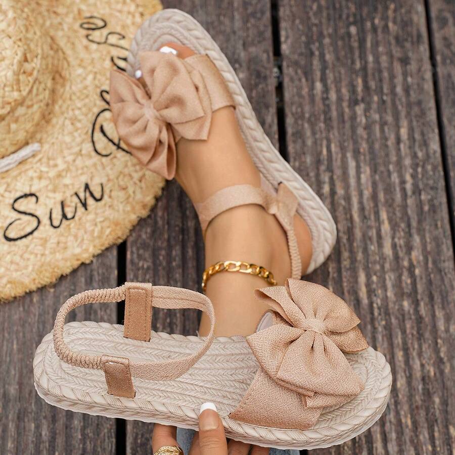 Sandalias planas con decoración de lazo y punta abierta para mujer, de moda para uso casual, de fiesta u oficina, de satén - Caqui - Ver 1