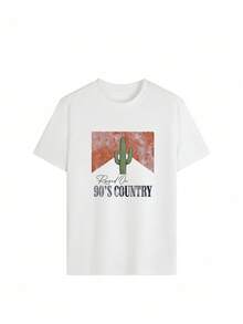 女士夏季短袖印花T恤，白色沙滩装，饰有仙人掌植物元素 - 白色 - 查看 2