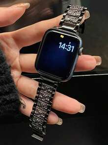 1条镶钻不锈钢金属表带，男女通用，闪亮时尚黑色金属手链，兼容 38mm 40mm 41mm 42mm 45mm 46mm 49mm，Series 10/9/8/7/6/5/4/3/2/1/SE/Ultra，可调节表带 - 黑色 - 查看 2