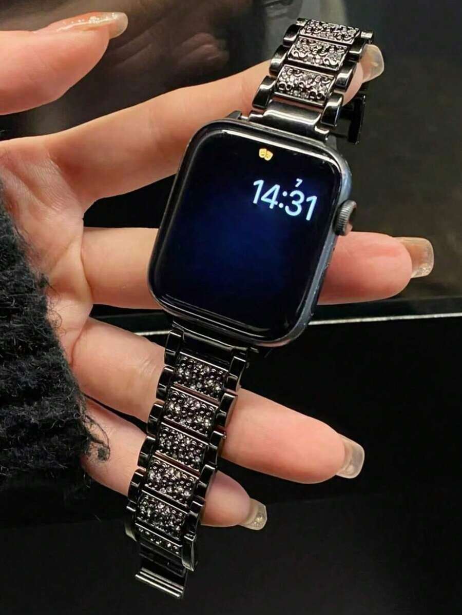 1条镶钻不锈钢金属表带，男女通用，闪亮时尚黑色金属手链，兼容 38mm 40mm 41mm 42mm 45mm 46mm 49mm，Series 10/9/8/7/6/5/4/3/2/1/SE/Ultra，可调节表带